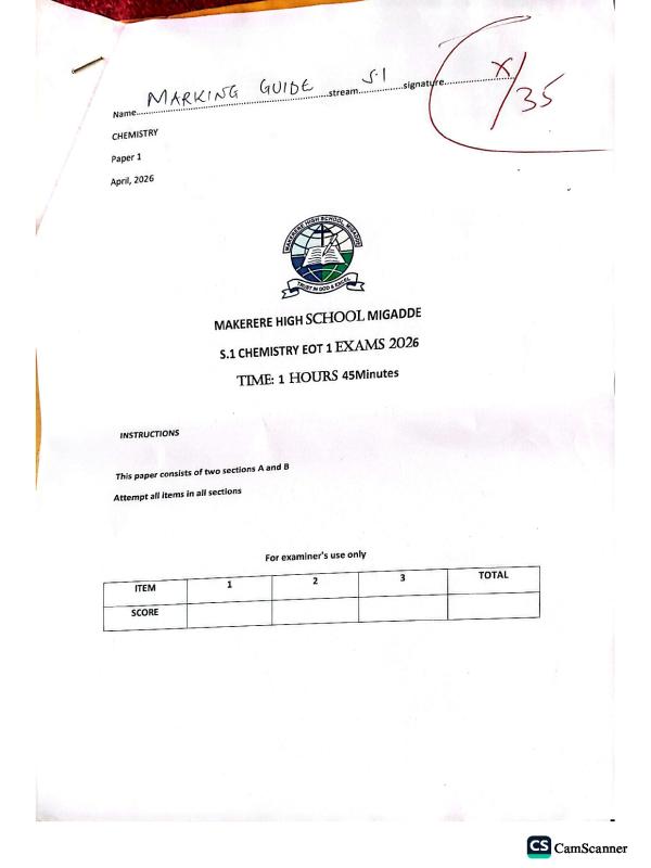 Senior 1 (S1) Chemistry Paper with Solutions Guide