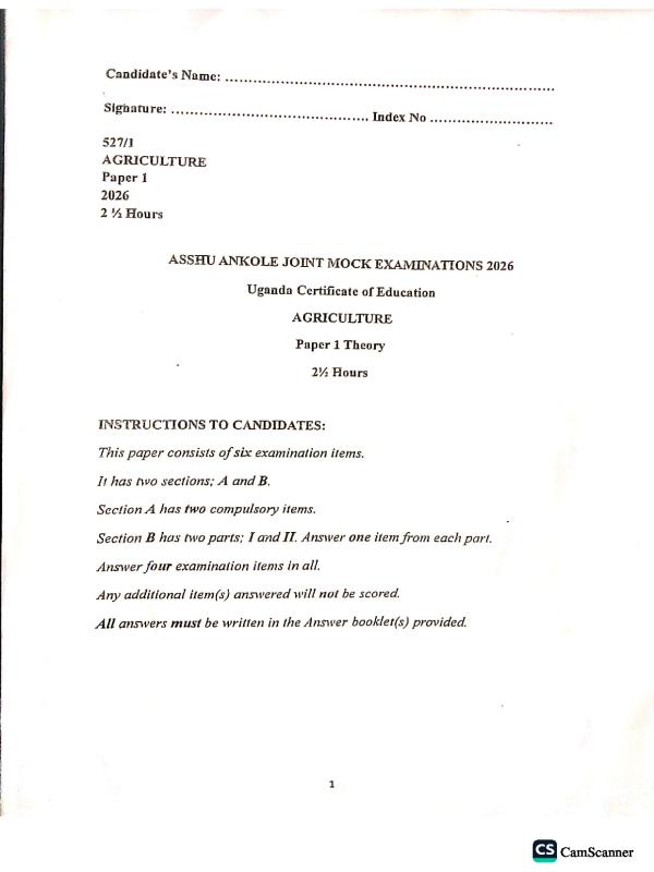 ASSHU Mock Exam: Agriculture Paper 1 (2026)