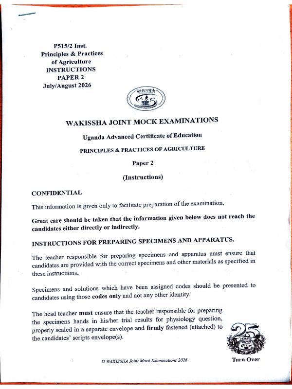 WAKISSHA UACE Agriculture Confidential Instructions 2026