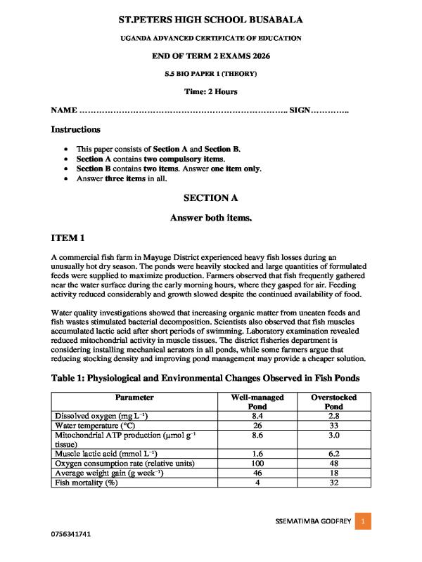 Senior 5 Biology Paper 1 End of Term 2 Examination (2026)