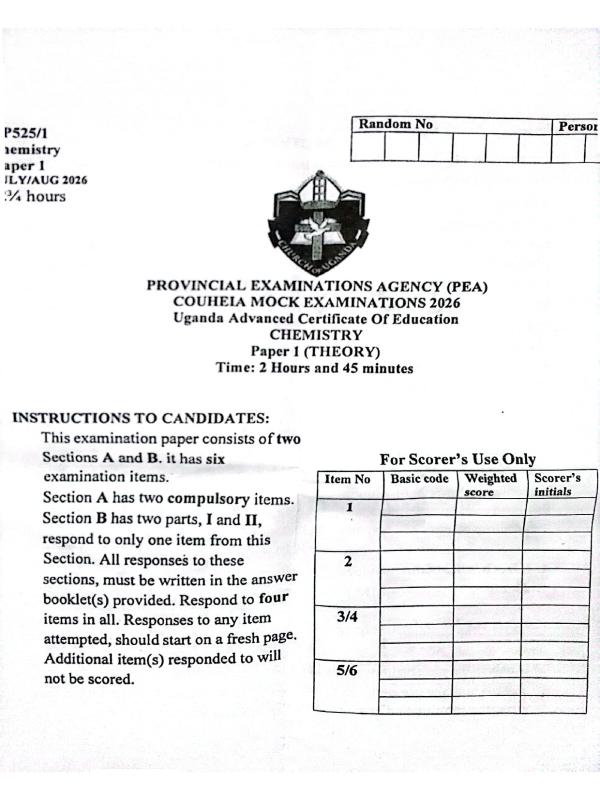 COUHEA UACE Chemistry Paper 1 2026 Mock Examination
