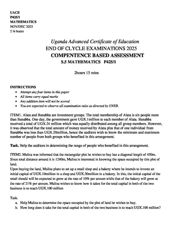 Senior 5 Mathematics End of Term 3 Exam Paper 2025