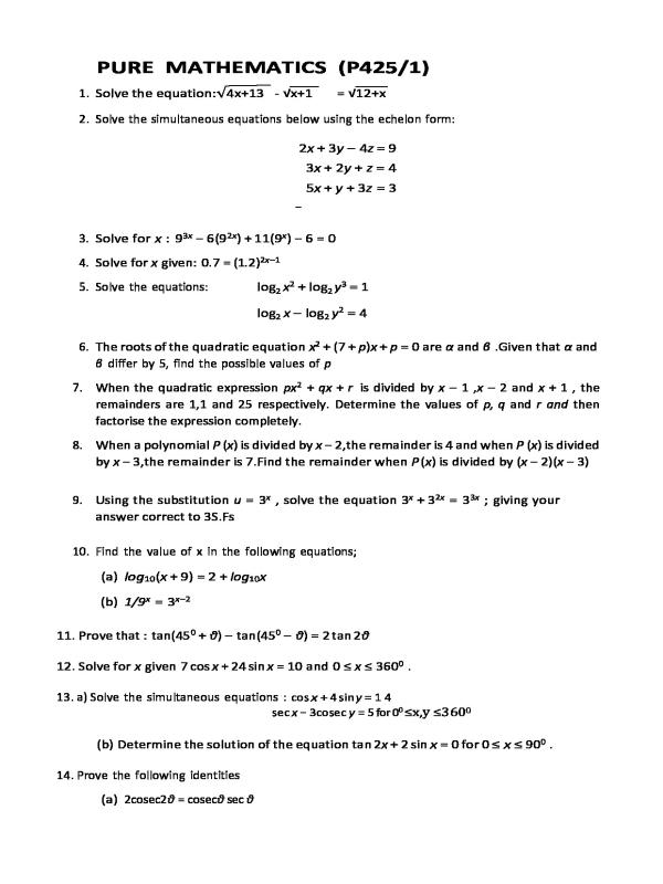 Senior 5 Pure Mathematics 2026