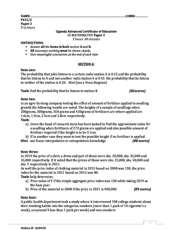 Senior 5 Pure Mathematics End of Term Exam Paper 2026