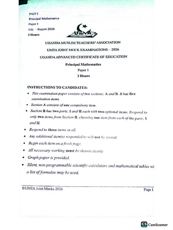 UMTA Mock Mathematics Paper 1 (2026)