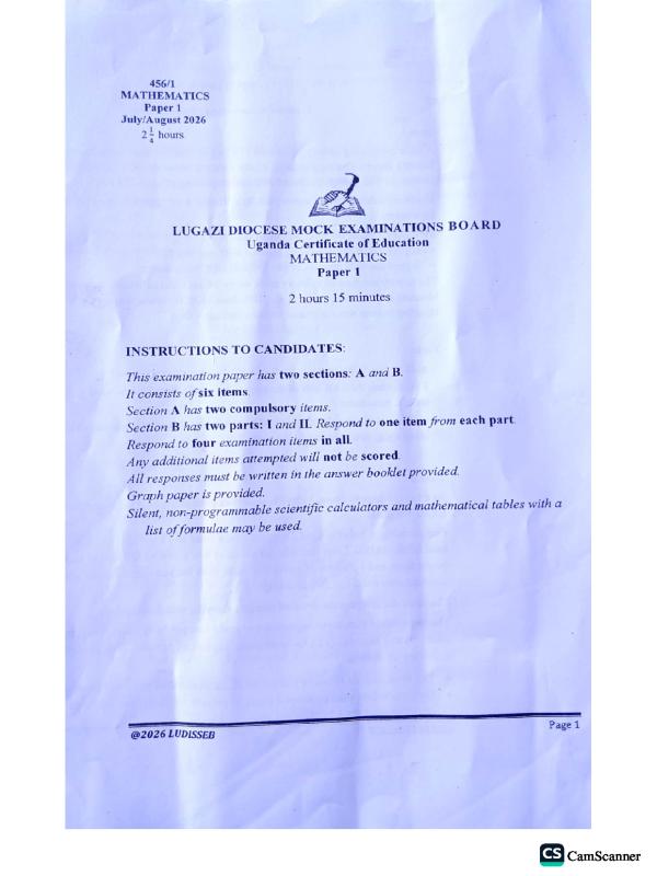 Lugazi Diocese Mock Examination UCE Mathematics Paper