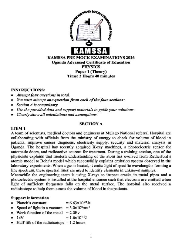 UACE Physics Paper 1 Mock Exam 2026(KAMSSA) - Uganda Advanced Certificate of Education