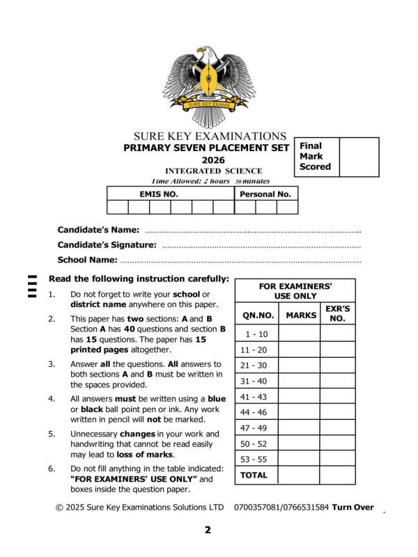 Surekey Placement Science questìons for p6_p7 2026s