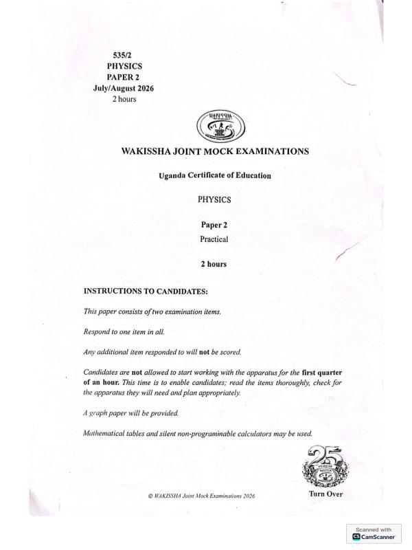 Uce Physics Paper 2 - Wakisha Mock Examination 2026
