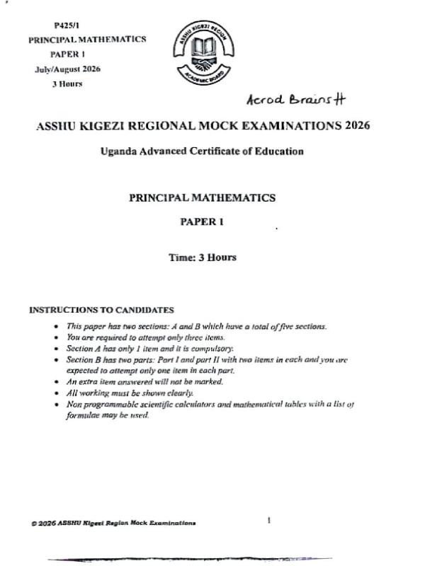 UACE Ashu Mathematics Mock Examination - Kigezi Region 2026