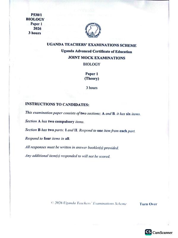 UTES UACE Biology Mock Examination Paper 2026