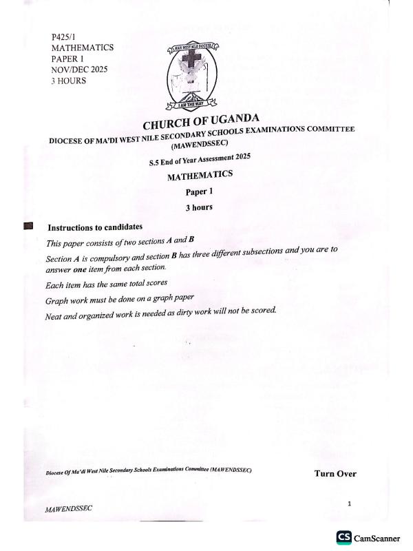 Ma'di and West Nile Diocese S5 Mathematics End of Year Exam