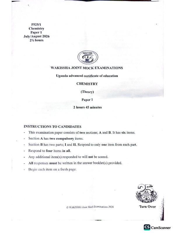 UACE Wakiso Mock Chemistry Paper 1 (2026)