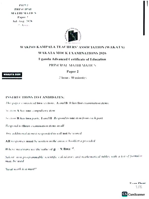 UACE Wakiso Mock Mathematics Paper 2 (UNEB Curriculum)