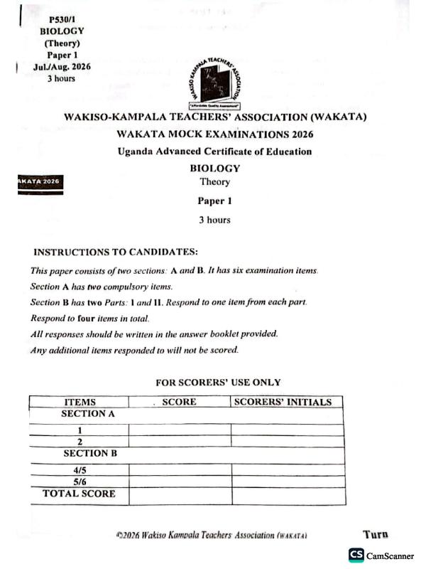UACE Biology Wakata Mock Paper 1 (2026)