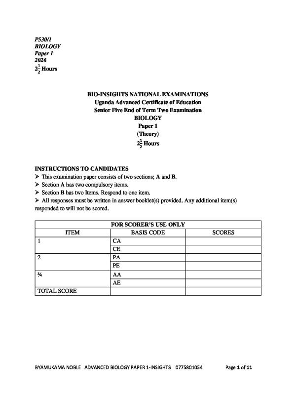 S5 Biology End of Term Exam Questions and Responses - Uganda Curriculum