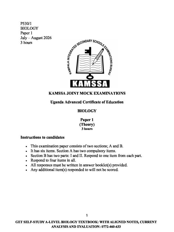 KAMSSA Biology S6 P1 Mock Guide - Uganda Curriculum