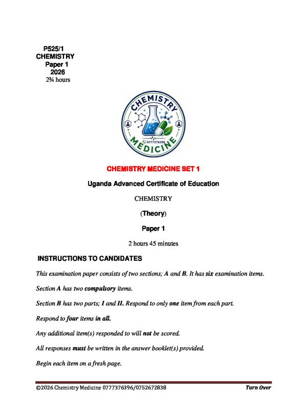 UACE Chemistry Paper 1 Medicine Set 1 - Uganda National Examinations Board (UNEB)