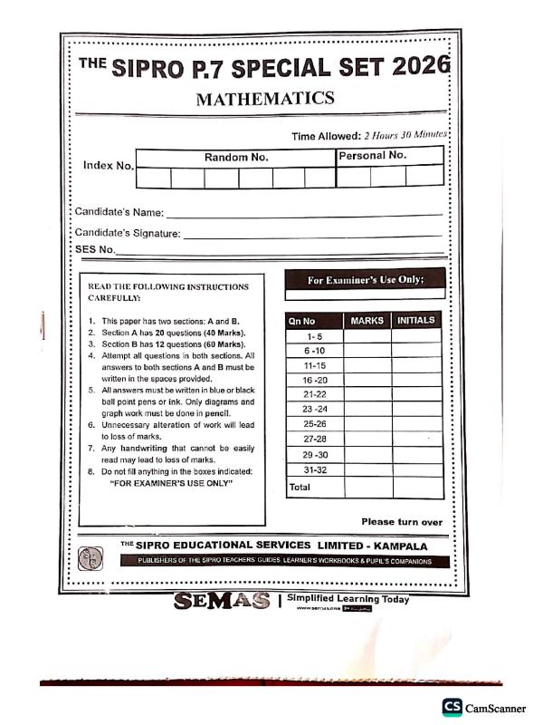 Mathematics Paper 1 Specimen Paper 2026 - Uganda Curriculum