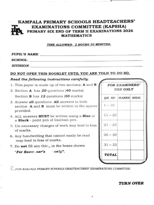 Primary 6 KCCA Mathematics Paper 2026