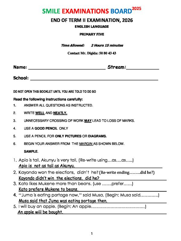 Smile Primary 5 English End of Term 2 Examination 2026