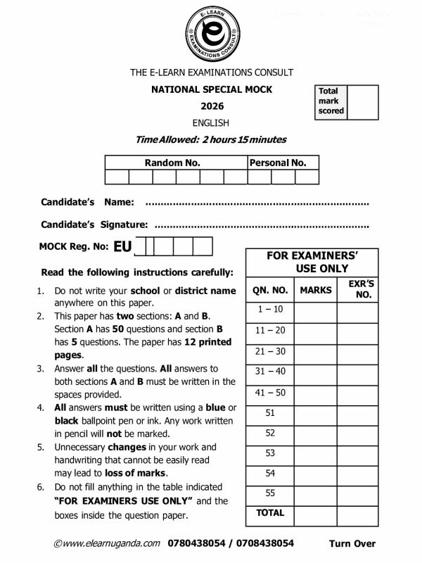 BAATMAC English Primary Seven (P.7) Exam Paper 2026