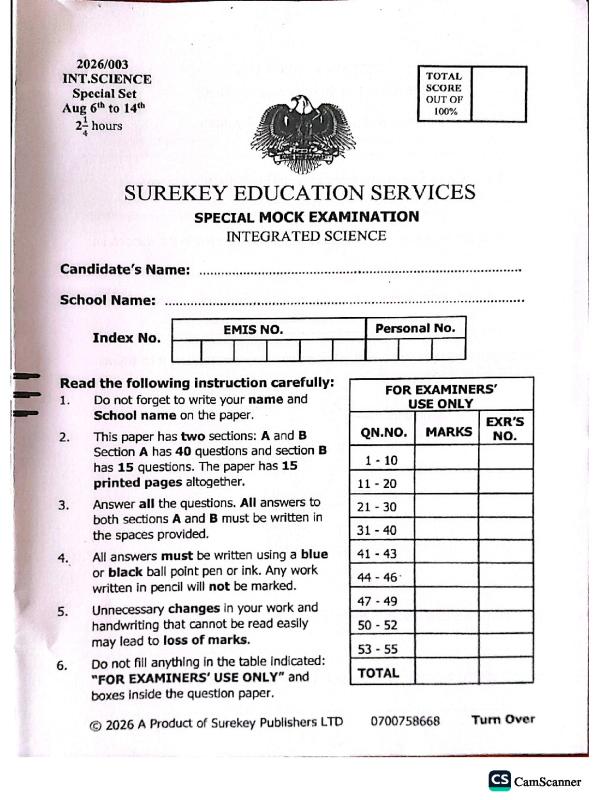 SURE KEY SPECIAL P.7 Science Mock Examination Paper 2026