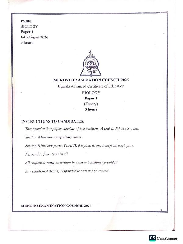 UACE Biology MEC Mock Examination Paper 1