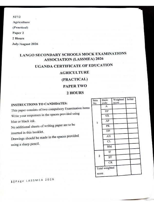 Lango Mock Examination 2026 - UCE Agriculture Paper 2
