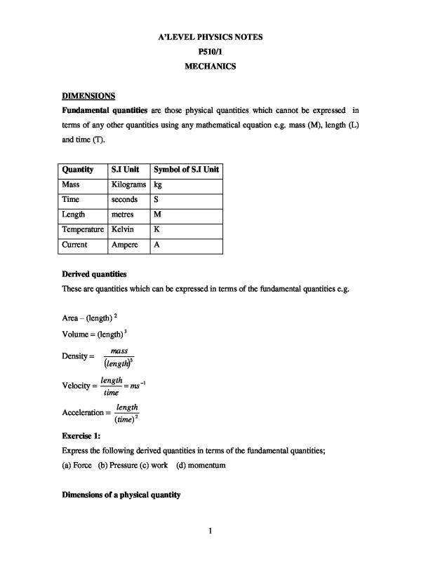 A Level Physics Mechanics Notes for S5-S6 Students (UNEB Syllabus)