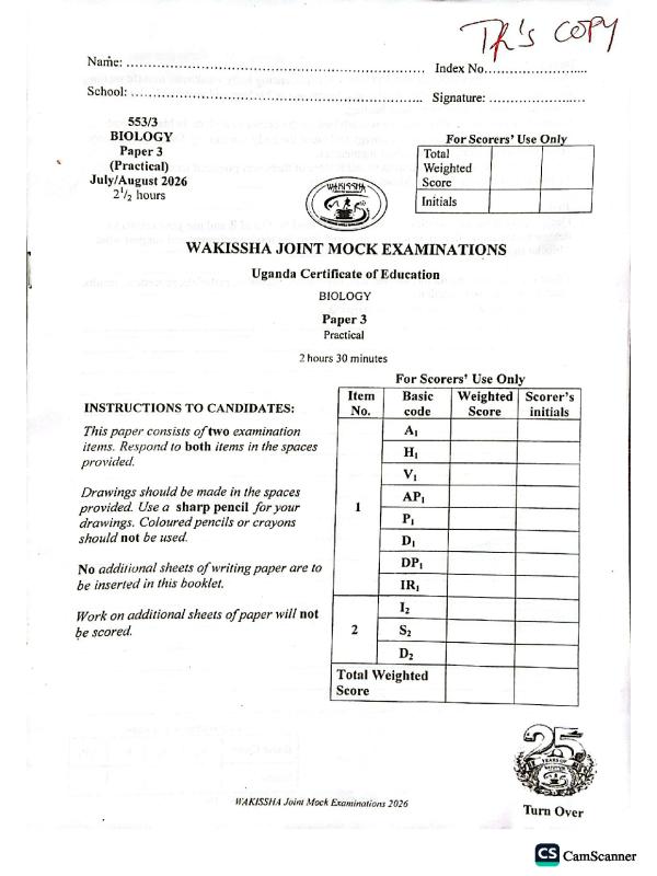 Wakissha Biology Paper 3 - Uganda National Examinations Board (UNEB)