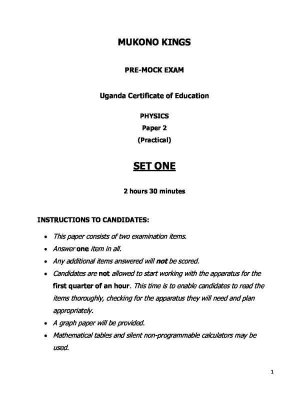 S.4 Physics Practical Paper Set 1 (Pre-Mock) - Uganda Curriculum