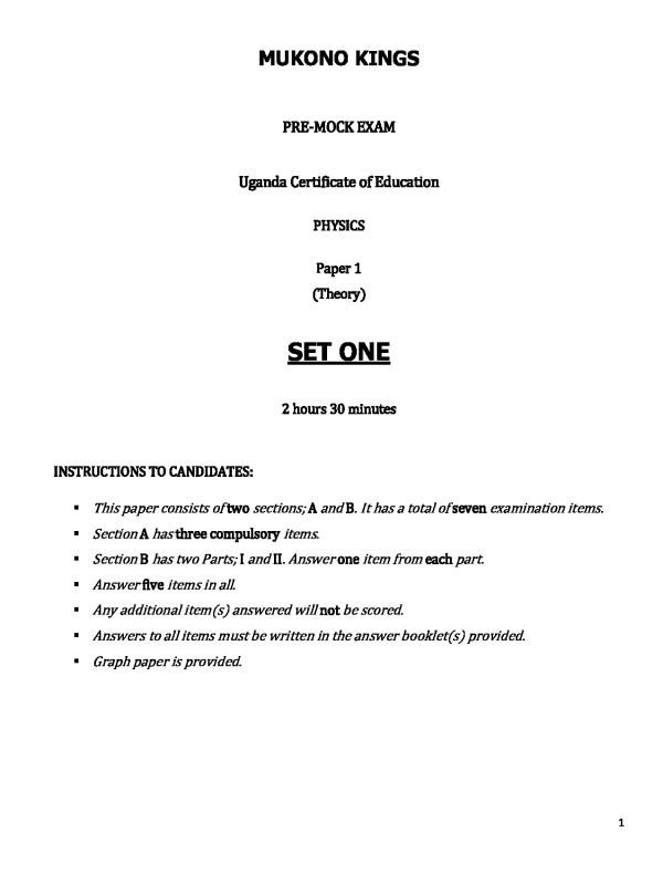 UCE Physics Paper 1 Set 1 Premock Examination (2026)
