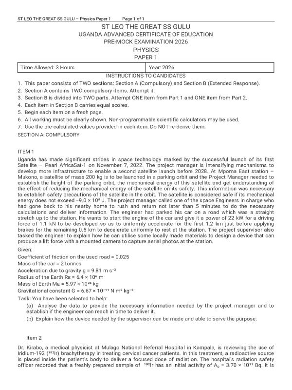 UACE Physics Paper 1 Pre-Mock Examination (UNEB Curriculum)