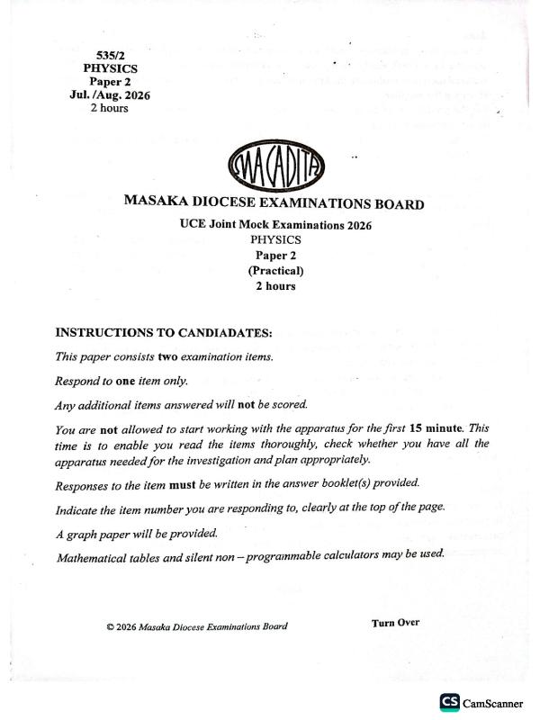 S4 Physics Mock Examination Paper (MACADITA MOCK)(2026) - Uganda Curriculum