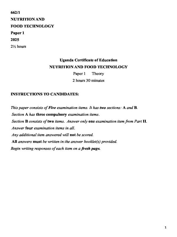 UCE NUTRITION AND FOOD TECHNOLOGY PAPER 2025