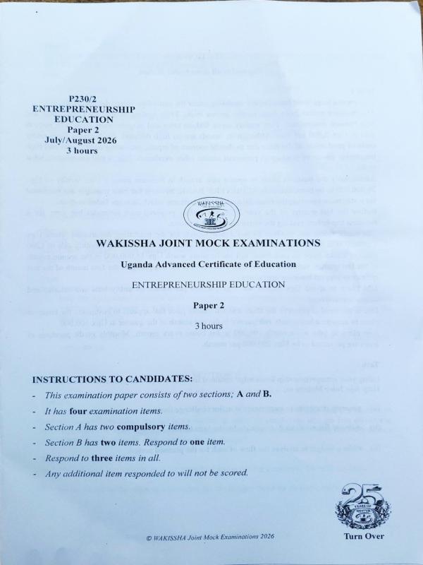S.6 ent 2 Exam P2- Wakissha Secondary School (2026)