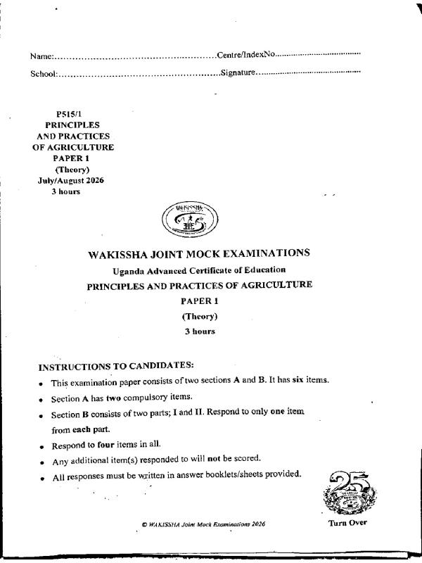 WAKISSHA Agriculture Paper 1 UACE 2026 Past Paper