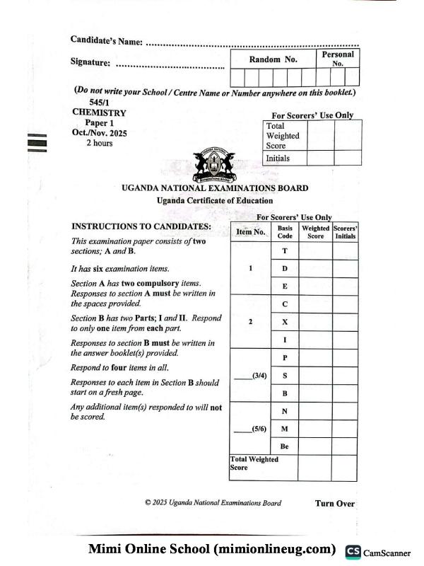 UNEB UCE Chemistry Past Papers - Uganda Certificate of Education Exam Practice