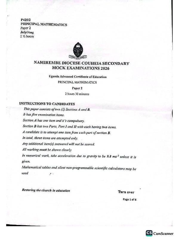 UNEB Senior 6 Mathematics Paper 2: Namirembe Mock Examination