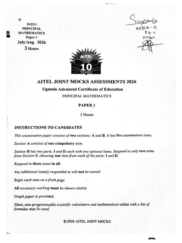 UACE AITEL Mathematics Paper 1 (2026)