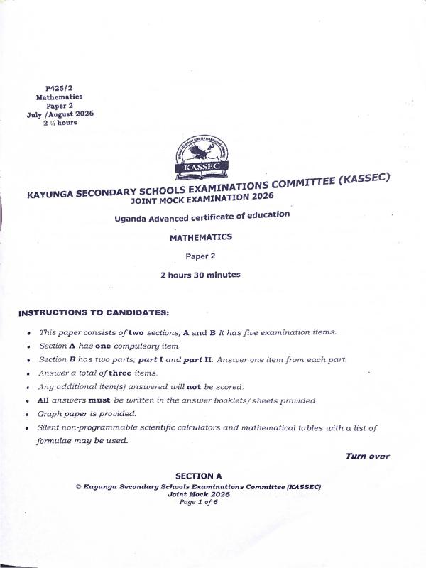 UACE KASSEC Mathematics Paper 2 (2026) Mock Exam