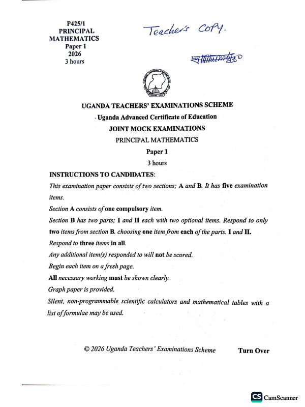 UTES UACE Mathematics Paper 1 (MTC 1) Past Paper - 2026