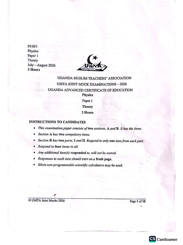 A level UMTA MOCKS PHY 1 2026