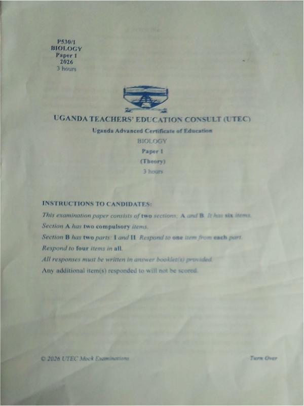 Uganda Senior Six (S.6) Biology Paper 1 UTEC Mock Examinations 2026