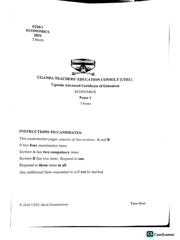 Senior Six Economics Paper 1 UTEC Mock Examinations 2026