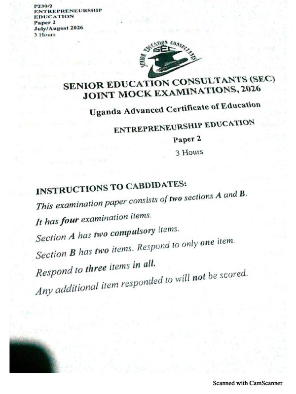 S6 Entrepreneurship 2 SEC Mock Exams 2026 - Uganda National Examinations Board (UNEB)