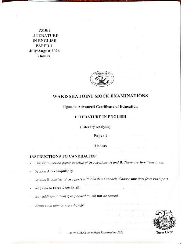 S6 Literature UACE WAKISSHA Mock Exam Paper 2026