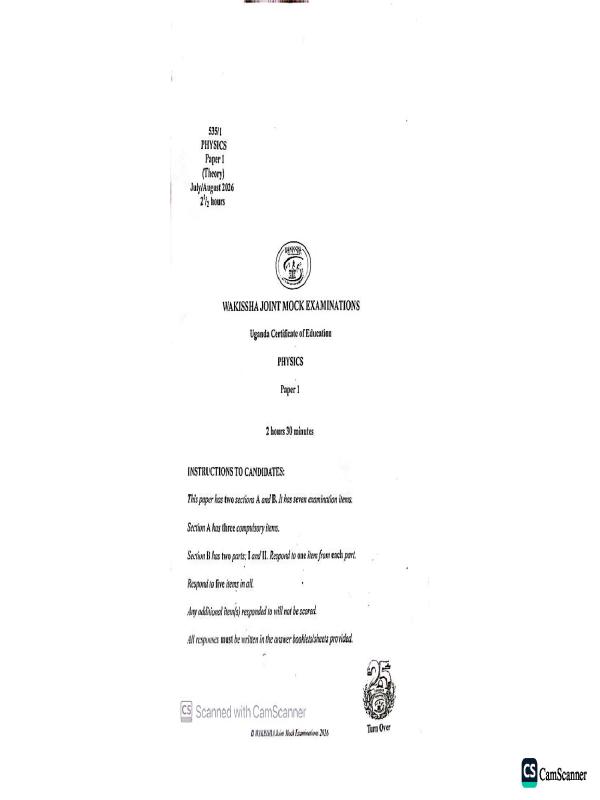S4 Physics Wakisha Mock Examination Paper 2026 - Uganda Curriculum