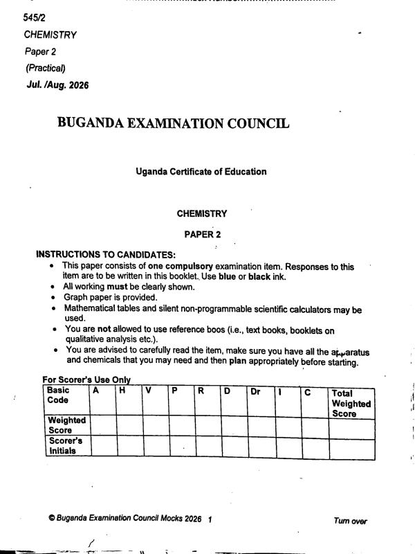 BECO UCE Chemistry Paper 2 Practical Mock Examination 2026